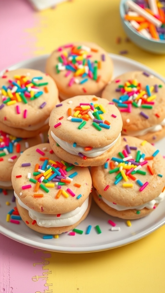 Colorful rainbow sprinkle cookie sandwiches filled with creamy frosting on a bright plate.